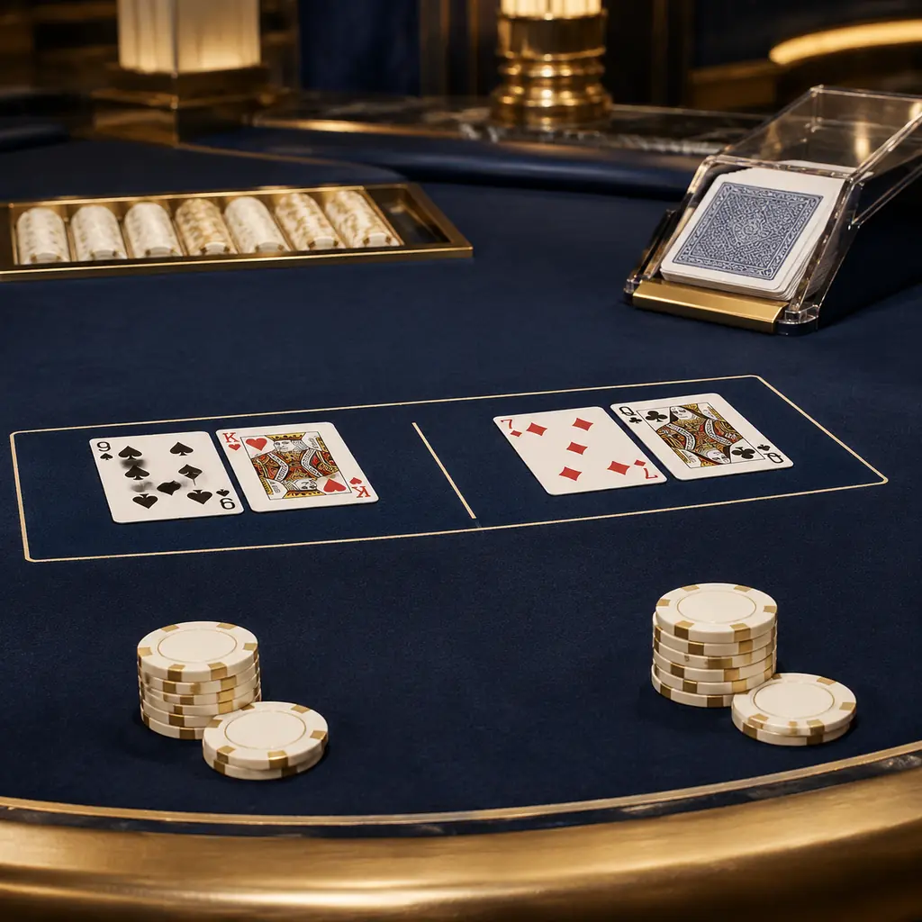 Meja baccarat dengan dua tangan kartu, cip, dan sepatu kartu