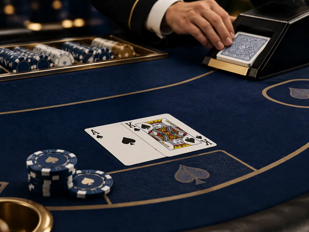 Kartu as dan raja di meja blackjack dengan sepatu kartu
