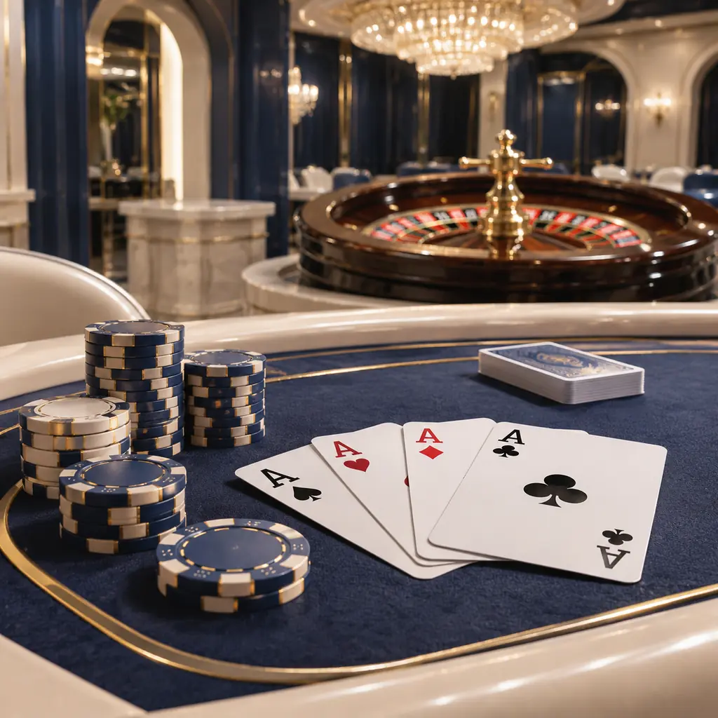 Ruang kasino dengan meja kartu dan roda roulette