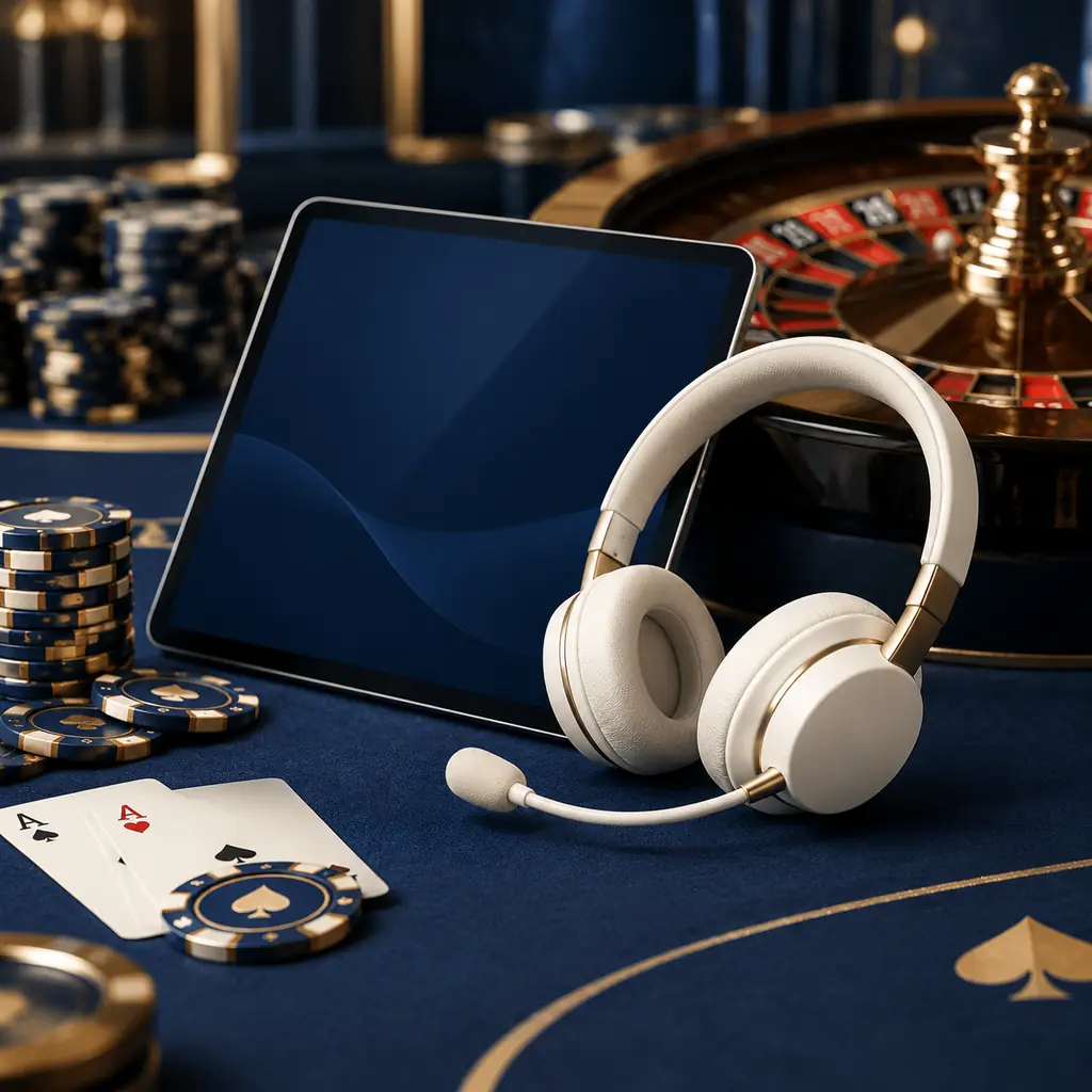 Headset dan tablet di sisi peralatan roulette kasino