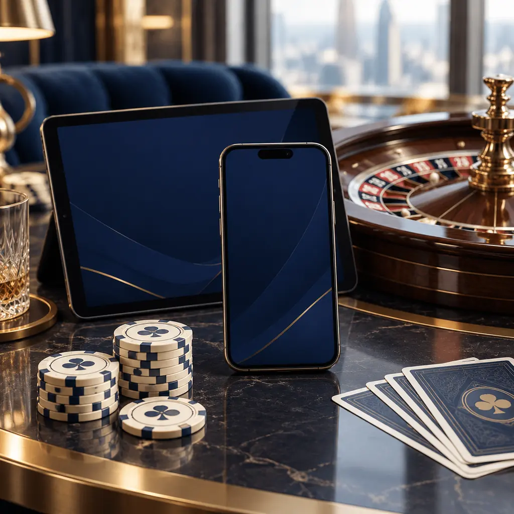 Ponsel dan tablet di sisi roda roulette serta cip kasino