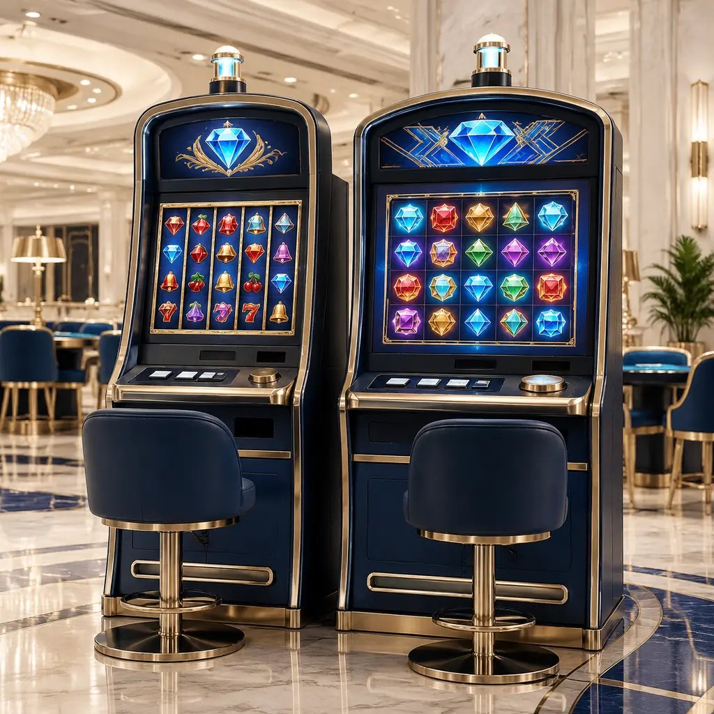 Dua mesin slot dengan susunan layar permata berbeda