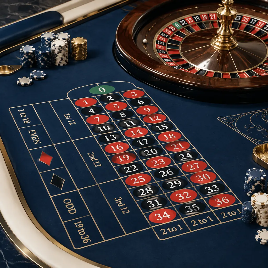 Bidang taruhan roulette dan sebagian roda dengan satu nol