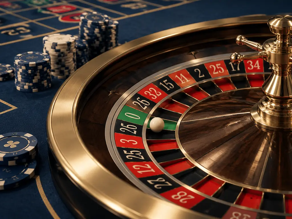 Roda roulette satu nol dengan bola gading dan kain meja biru